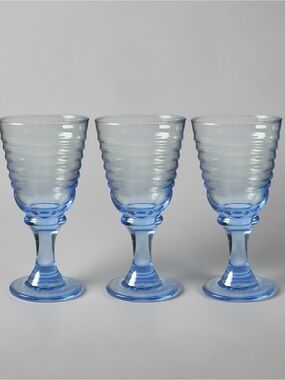 Set of 3 Libbey Sirrus Blue Wine Water Goblets Spool Stem Glasses Vintage 7"